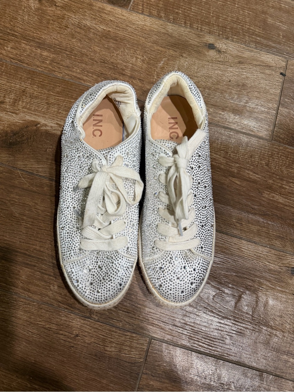 INC International Concepts Cream Rhinestone-Embellished Lace-Up Sneakers